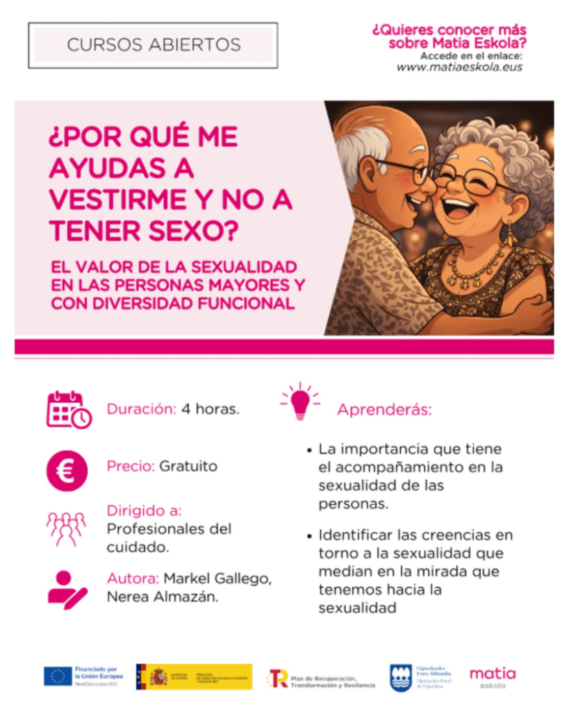 Cartel publicitario de Matia Fundazioa con el lema "¿Por qué me ayudas a vestirme y no a tener sexo?", financiado con fondos europeos y del Ministerio de Derechos Sociales.