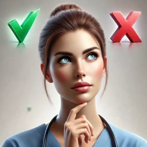 Ilustración realista de una enfermera con expresión de duda, mirando hacia arriba. A la izquierda de su cabeza hay un check verde y a la derecha una X roja, representando la toma de decisiones en dilemas éticos."