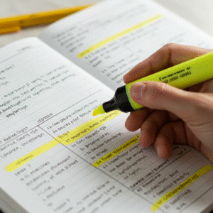 Mano subrayando con rotulador amarillo un cuaderno de apuntes para las oposiciones de TCAE del SAS. Destacar para estudiar mejor.