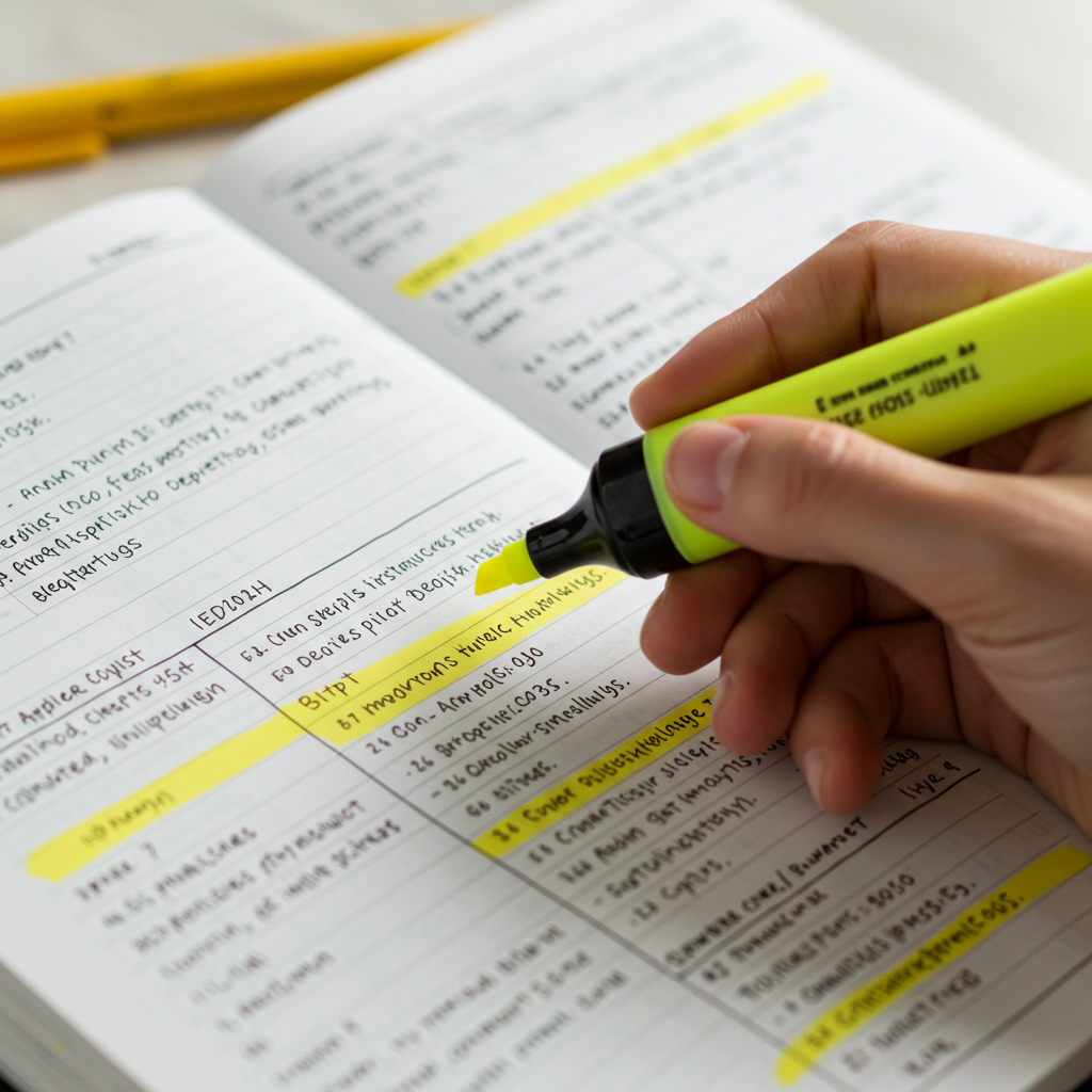 subrayar-apuntes-oposiciones-tcae-sas. Mano subrayando con rotulador amarillo un cuaderno de apuntes para las oposiciones de TCAE del SAS. Destacar para estudiar mejor.