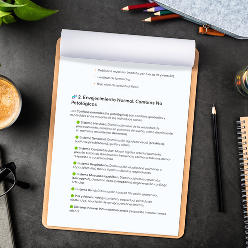 temario especifico sas tcae Bloc de notas sobre portapapeles con apuntes de temario TCAE, específicamente sobre el envejecimiento normal y sus cambios no patológicos. Se observan textos con viñetas y colores para destacar información. El entorno de estudio incluye lápices de colores, gafas, una bebida, una planta y una libreta